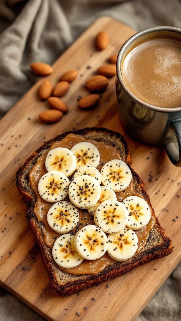 A slice of toast topped with almond butter and banana slices, served with a cup of coffee and almonds.