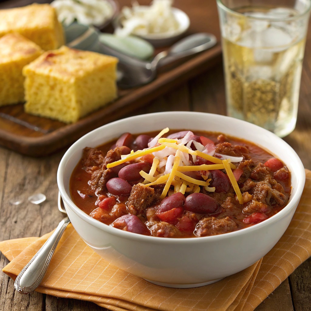 A bowl of protein-packed beef chili topped with cheese and green onions.