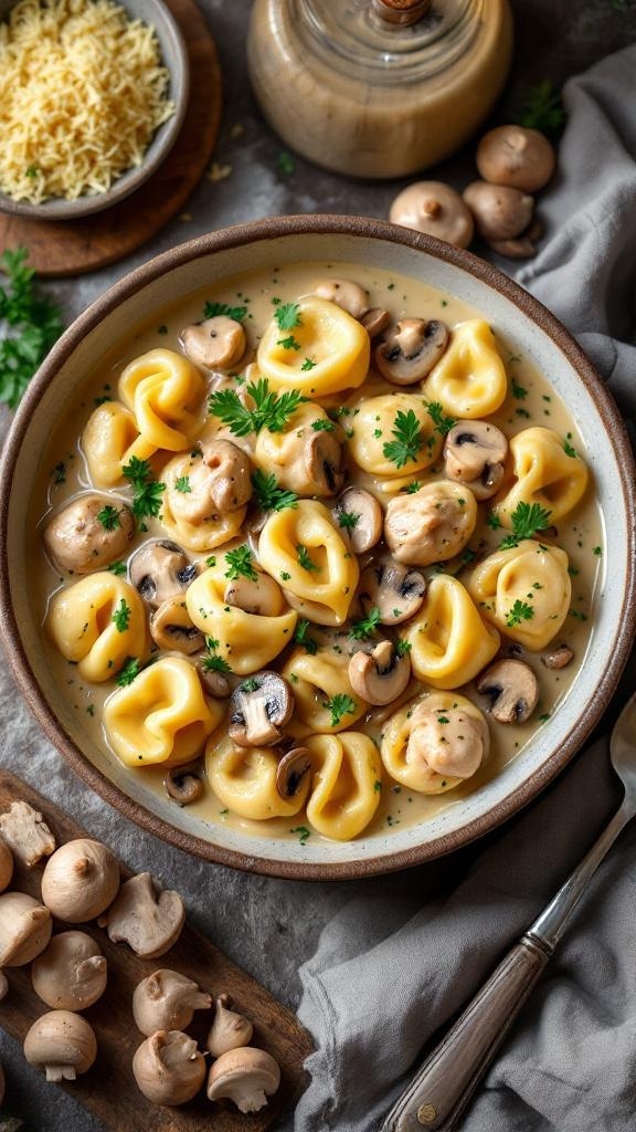 A bowl of chicken and mushroom tortellini in creamy sauce, garnished with parsley.