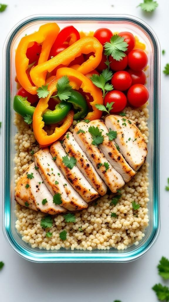 A protein-packed chicken quinoa bowl with grilled chicken, quinoa, bell peppers, and cherry tomatoes in a glass meal prep container.