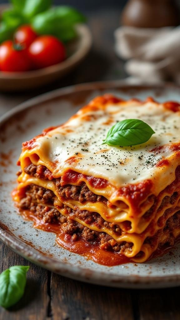 A plate of classic beef lasagna with layers of meat, cheese, and tomato sauce, garnished with fresh basil.