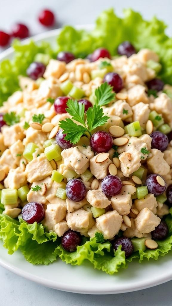 A colorful chicken salad with grapes, celery, and pine nuts served on a bed of lettuce.