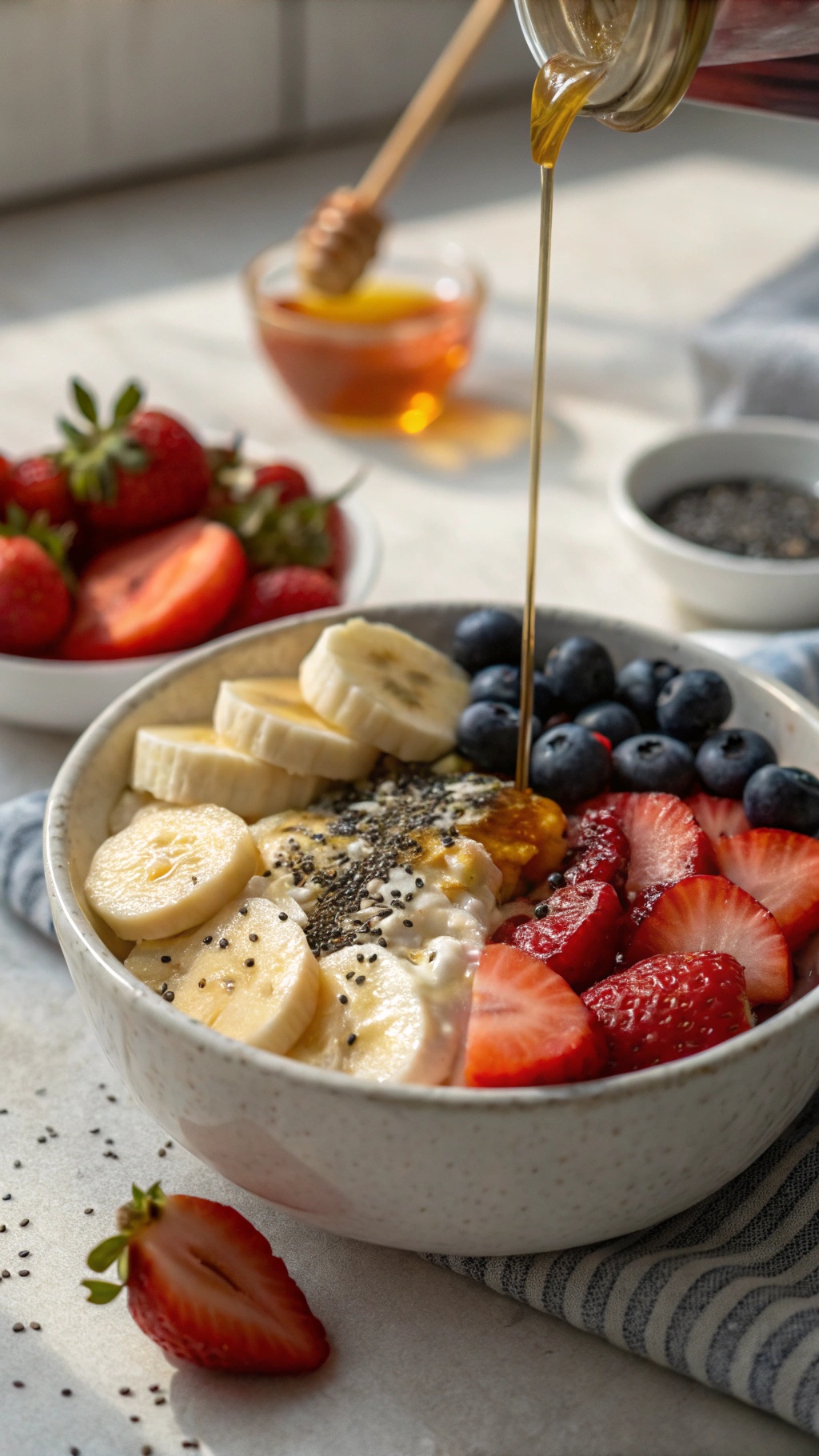 A protein-packed cottage cheese bowl topped with sliced bananas, strawberries, blueberries, chia seeds, and a drizzle of honey.