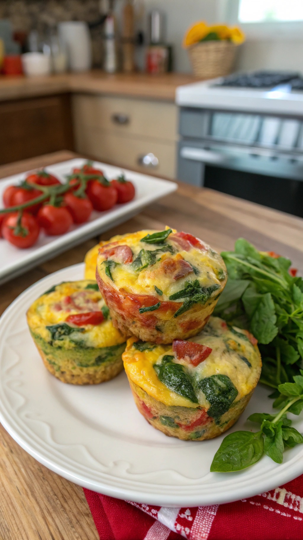 Protein-packed egg muffins with spinach and tomatoes on a plate, with cherry tomatoes in the background.