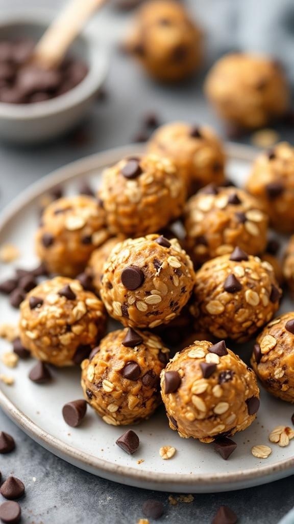A plate of protein-packed energy bites with oats and chocolate chips.