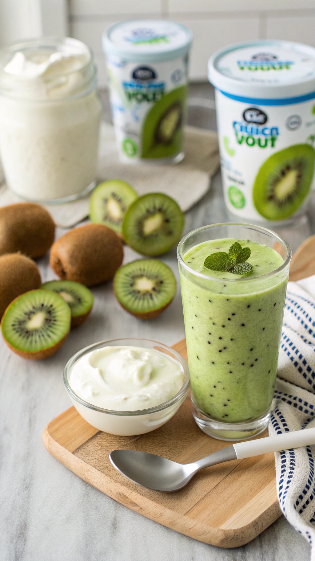 A refreshing kiwi and Greek yogurt smoothie in a glass, with fresh kiwi slices and yogurt in the background.