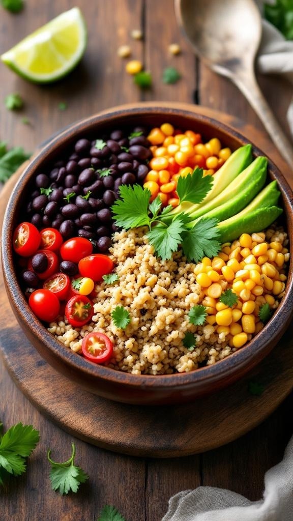 A colorful bowl of quinoa and black beans with corn, cherry tomatoes, avocado, and cilantro.