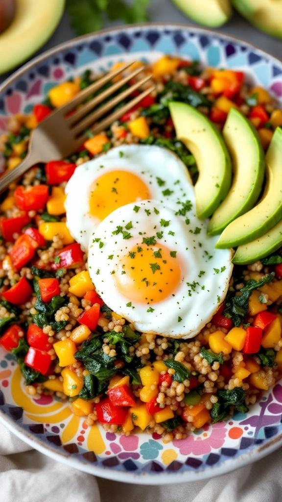 A colorful quinoa breakfast bowl with sautéed vegetables, fried eggs, and avocado slices.
