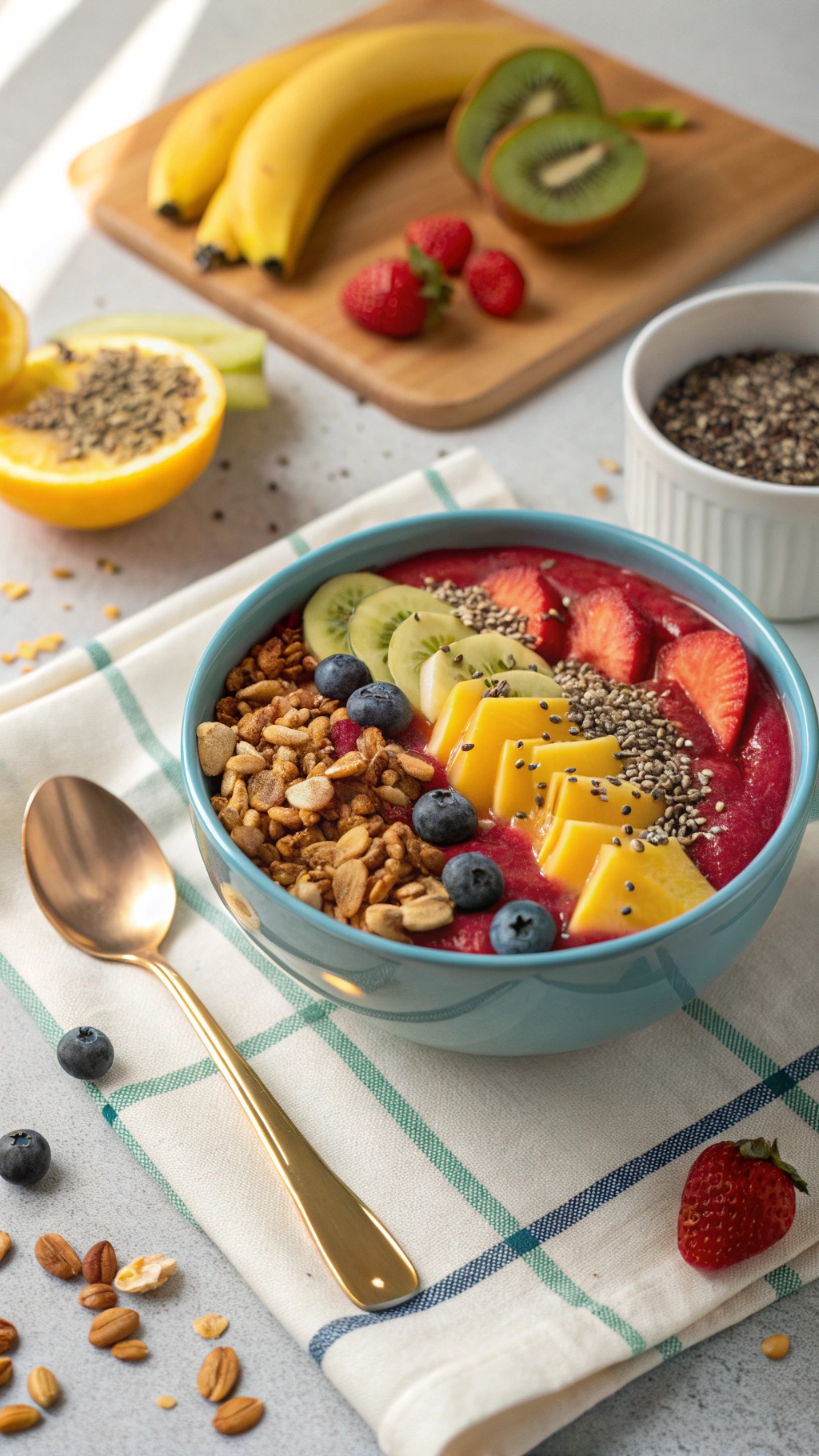 A colorful smoothie bowl topped with fruits, granola, and chia seeds.