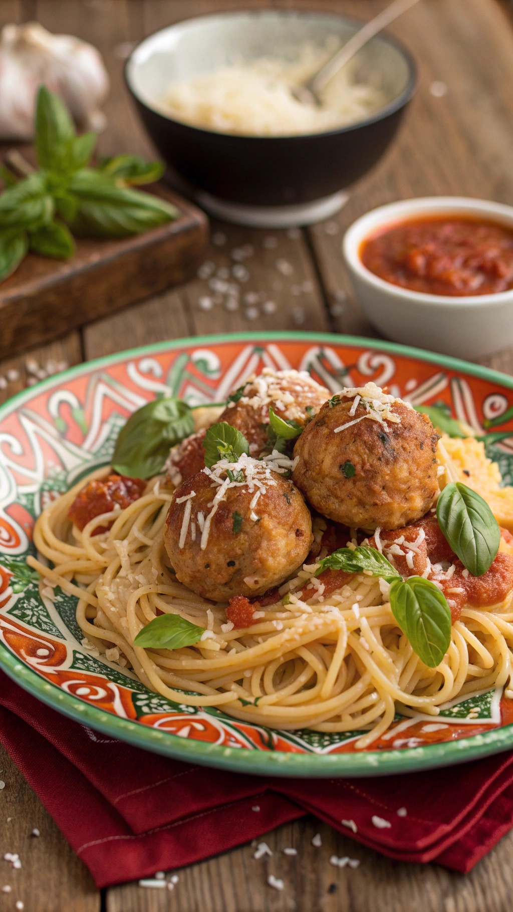 A plate of protein-packed spaghetti with turkey meatballs, garnished with basil and Parmesan cheese.