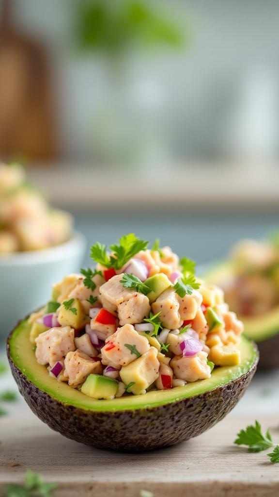 A bowl of protein-packed tuna salad with avocado, garnished with cilantro and colorful vegetables.