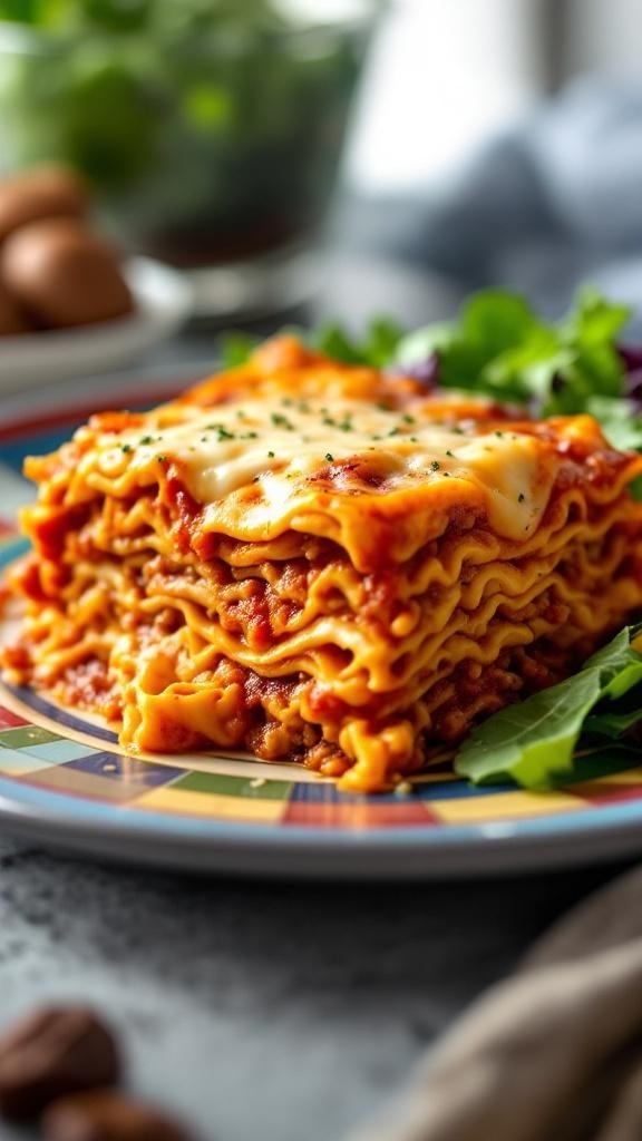 A plate of protein-packed turkey lasagna with layers of cheese and sauce.