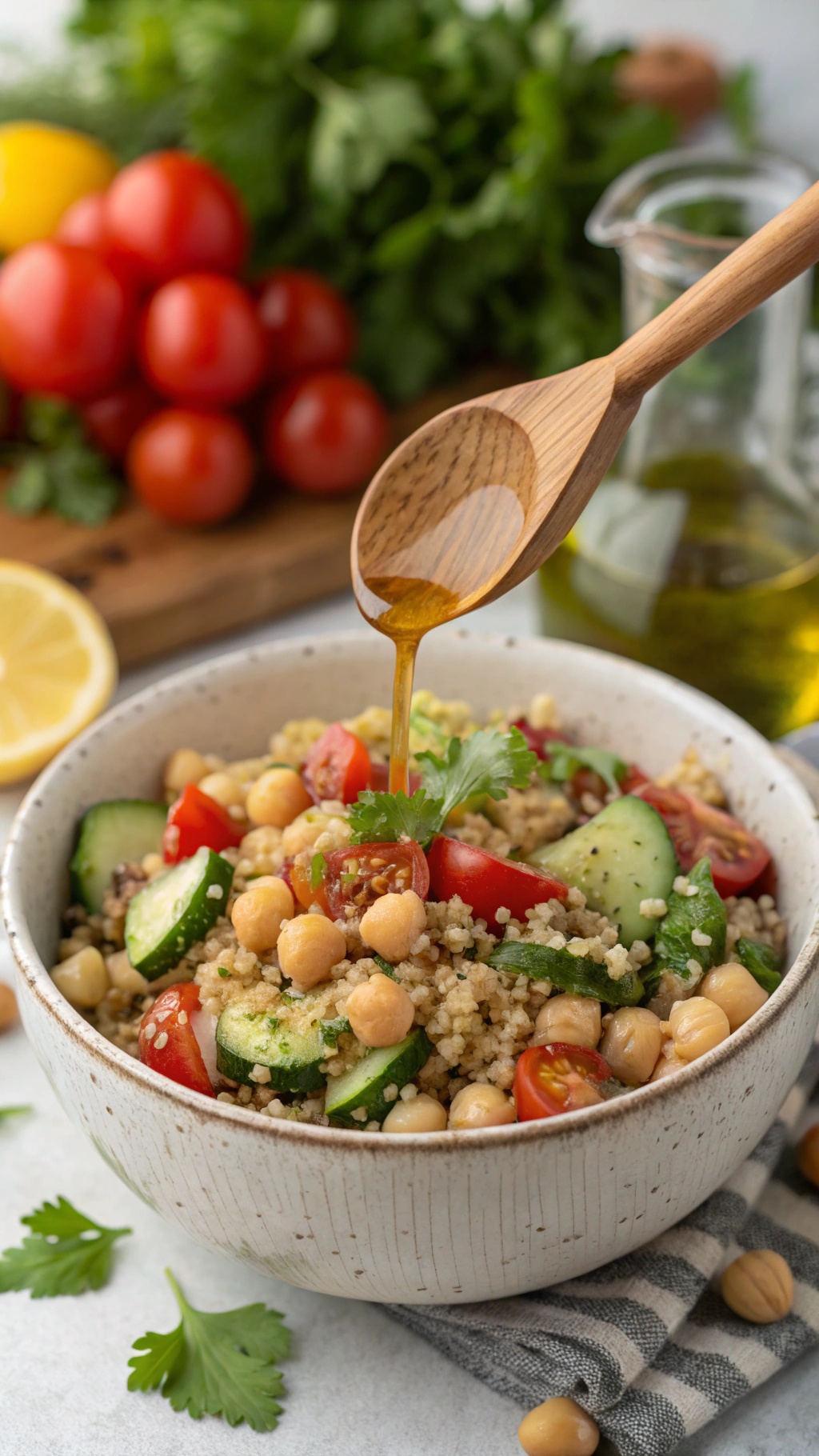 A bowl of quinoa salad with chickpeas, cherry tomatoes, and cucumber, drizzled with olive oil.