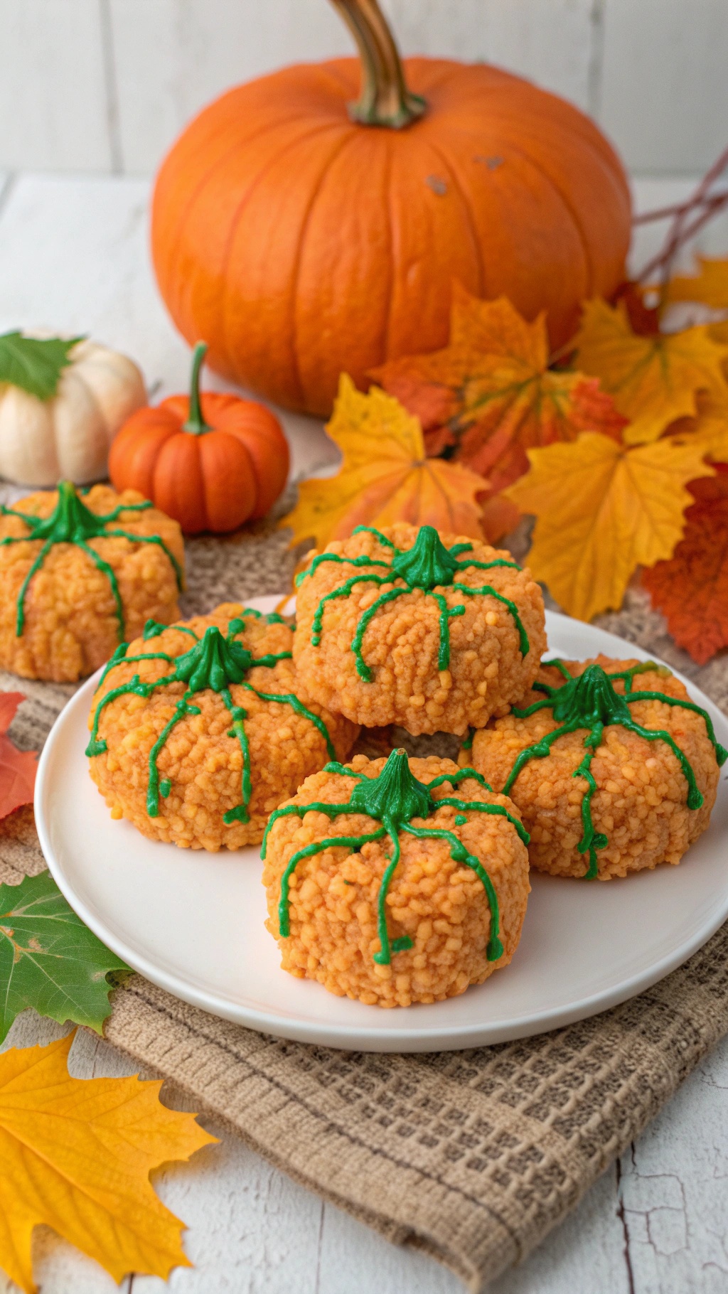 Pumpkin Patch Rice Krispie Treats shaped like pumpkins with green icing on a plate