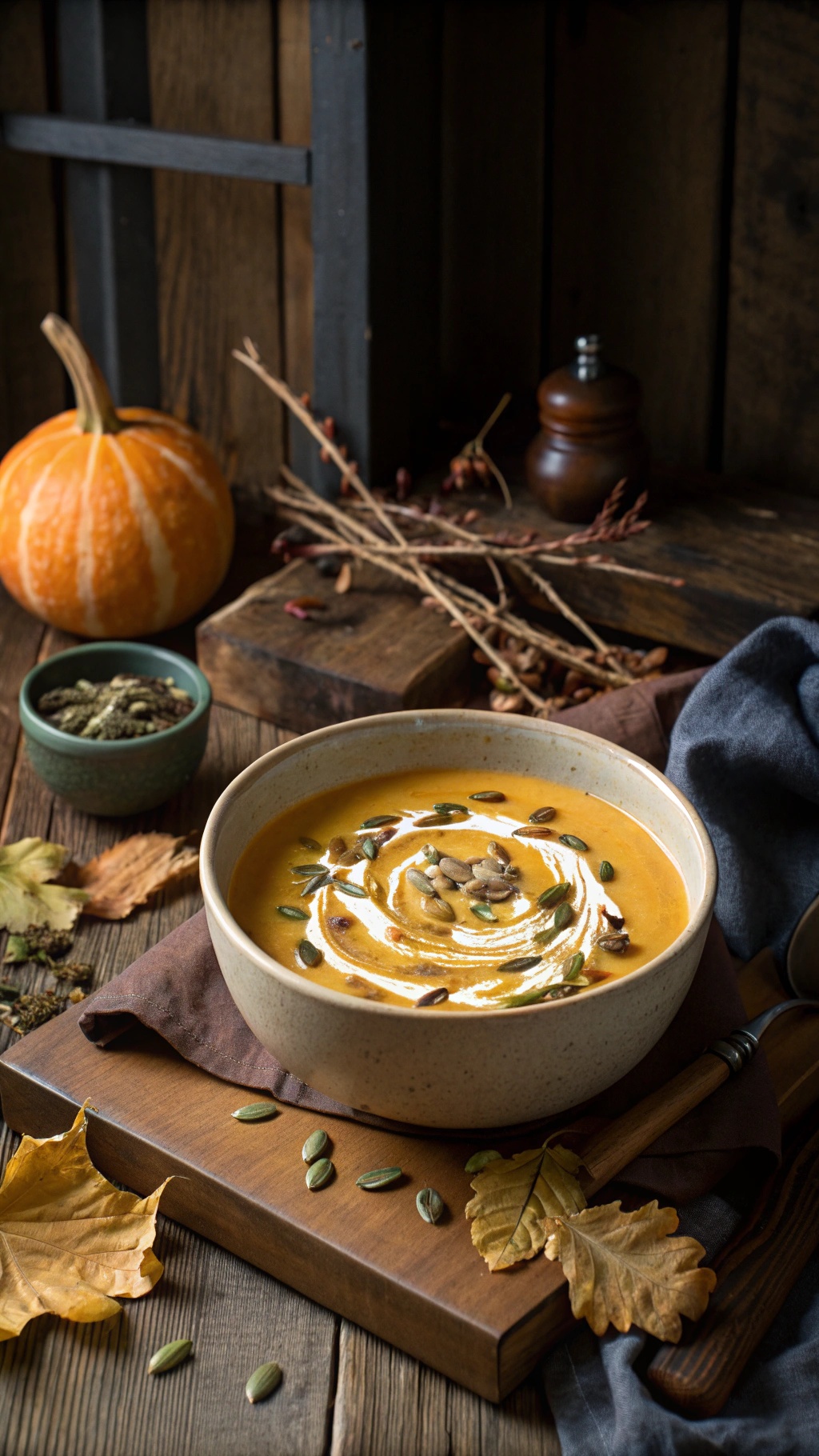 A warm bowl of pumpkin soup topped with cream and pumpkin seeds, surrounded by autumn leaves and a small pumpkin.