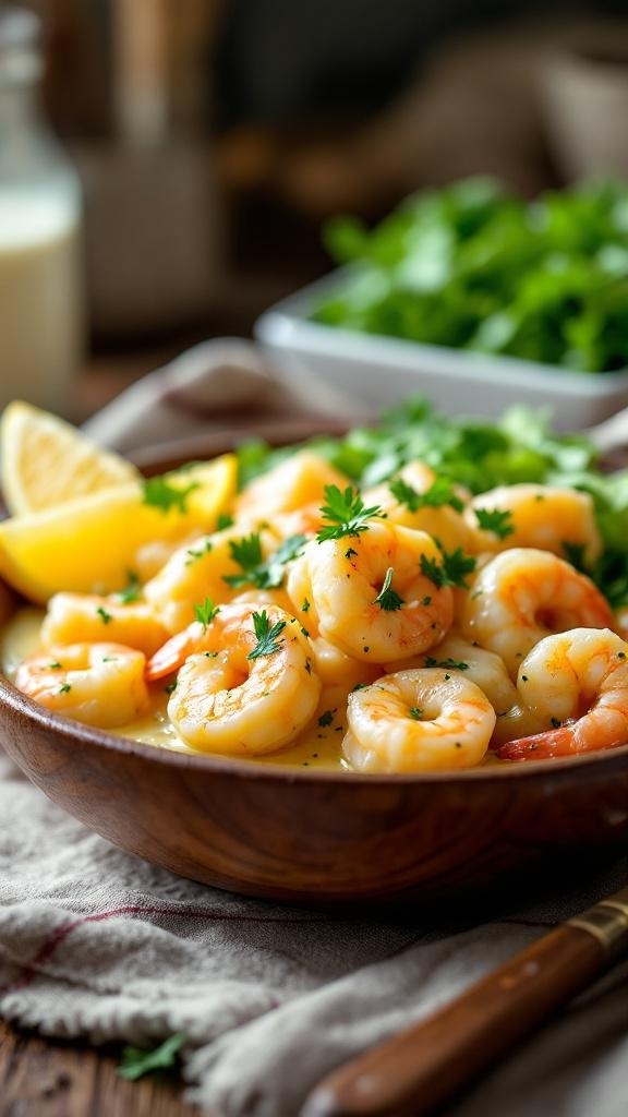 A bowl of creamy garlic butter shrimp garnished with parsley and lemon slices.
