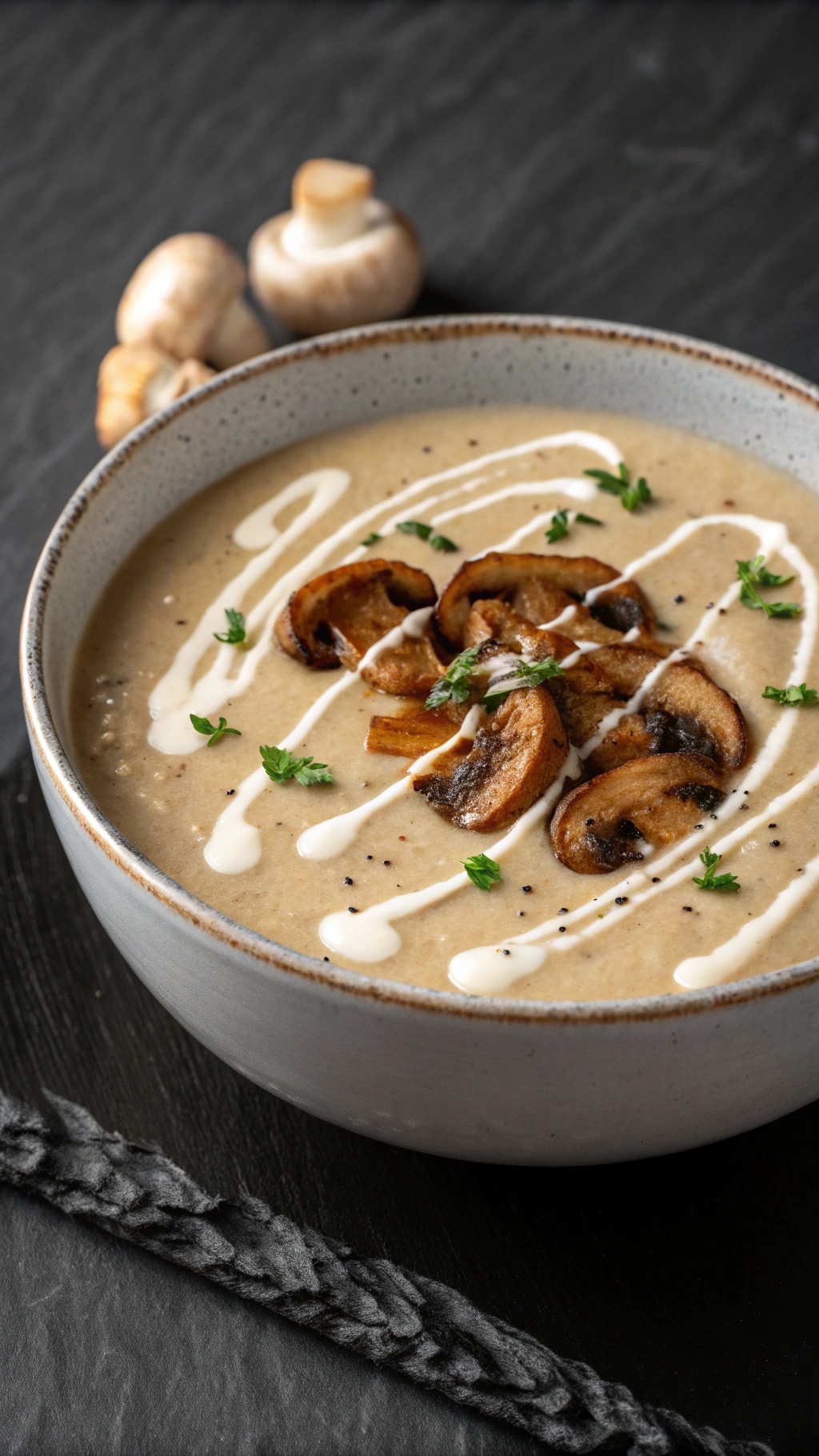 A bowl of creamy mushroom soup garnished with sautéed mushrooms and fresh herbs.