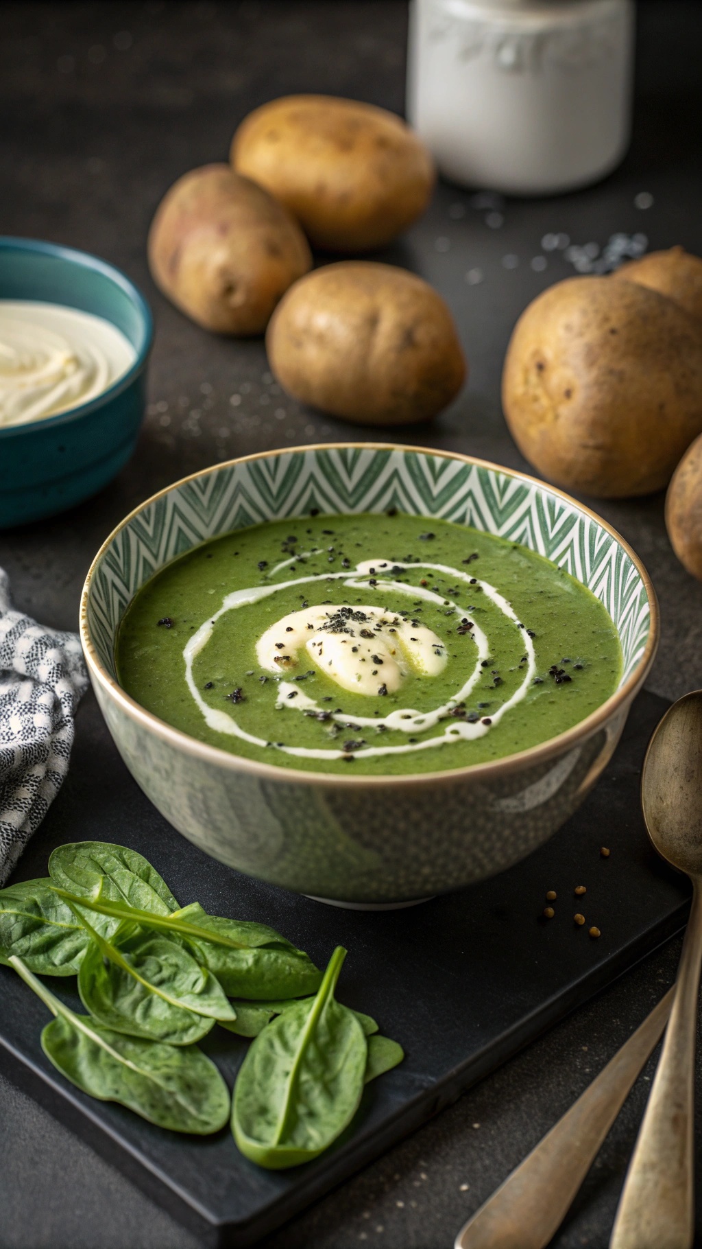 A bowl of creamy spinach potato soup garnished with cream and black seeds, surrounded by fresh spinach leaves and potatoes.