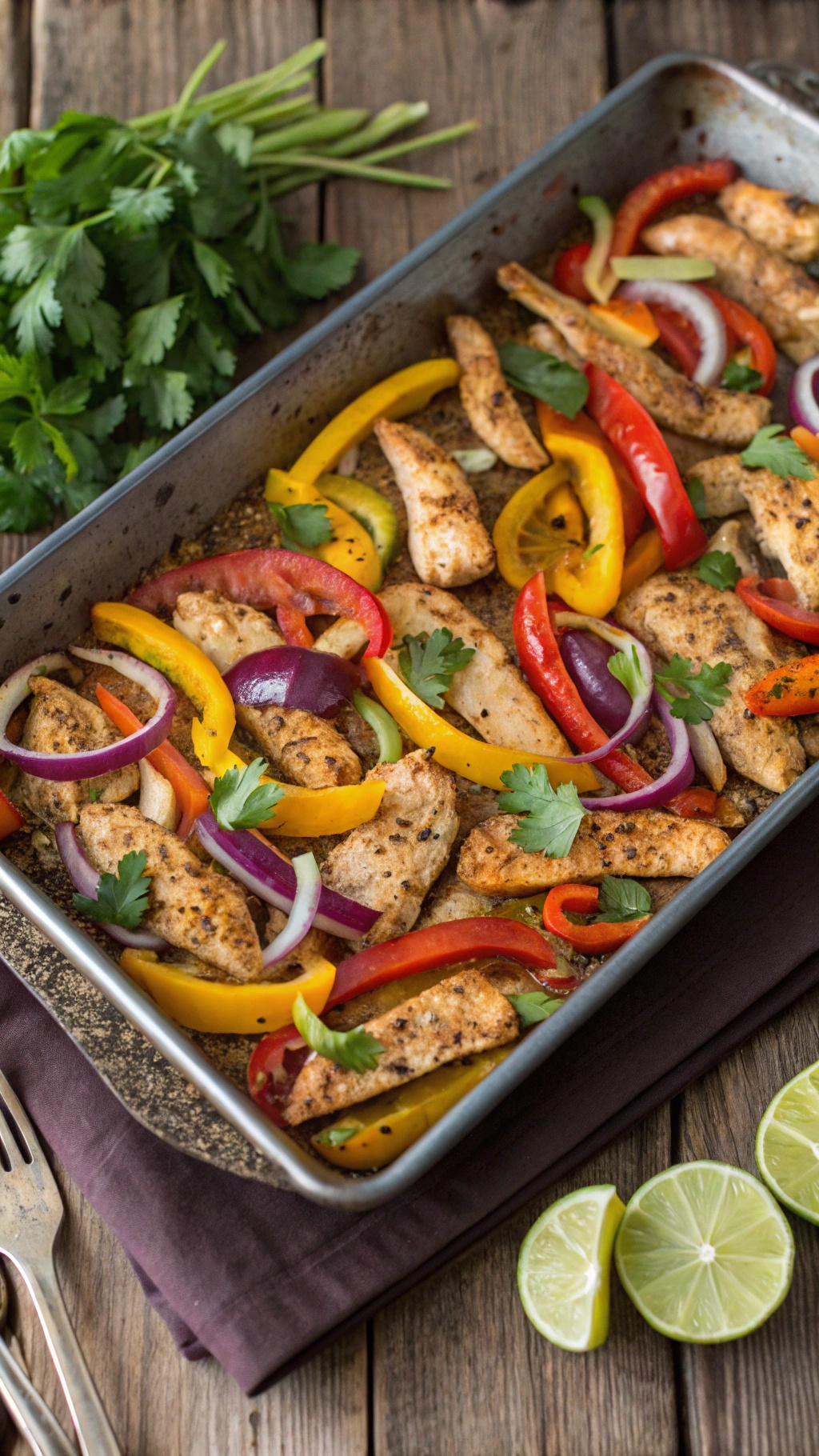 A colorful sheet pan filled with chicken, bell peppers, and onions, garnished with cilantro and lime.