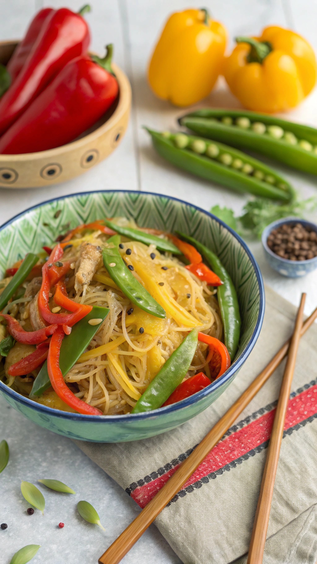A colorful bowl of spaghetti squash stir-fry with bell peppers and sugar snap peas