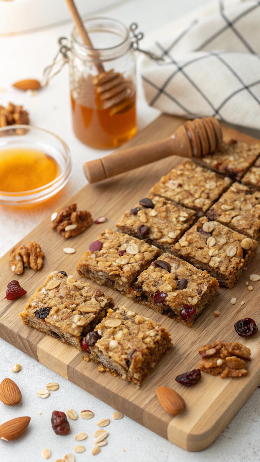 Homemade granola bars on a wooden cutting board with honey and nuts