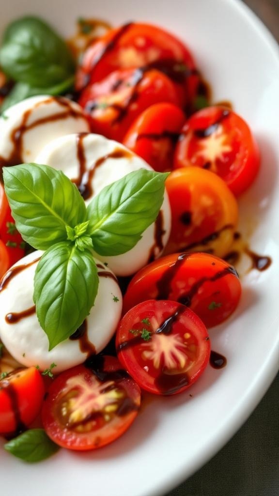 A vibrant Caprese salad with fresh tomatoes, mozzarella, basil, and balsamic glaze.