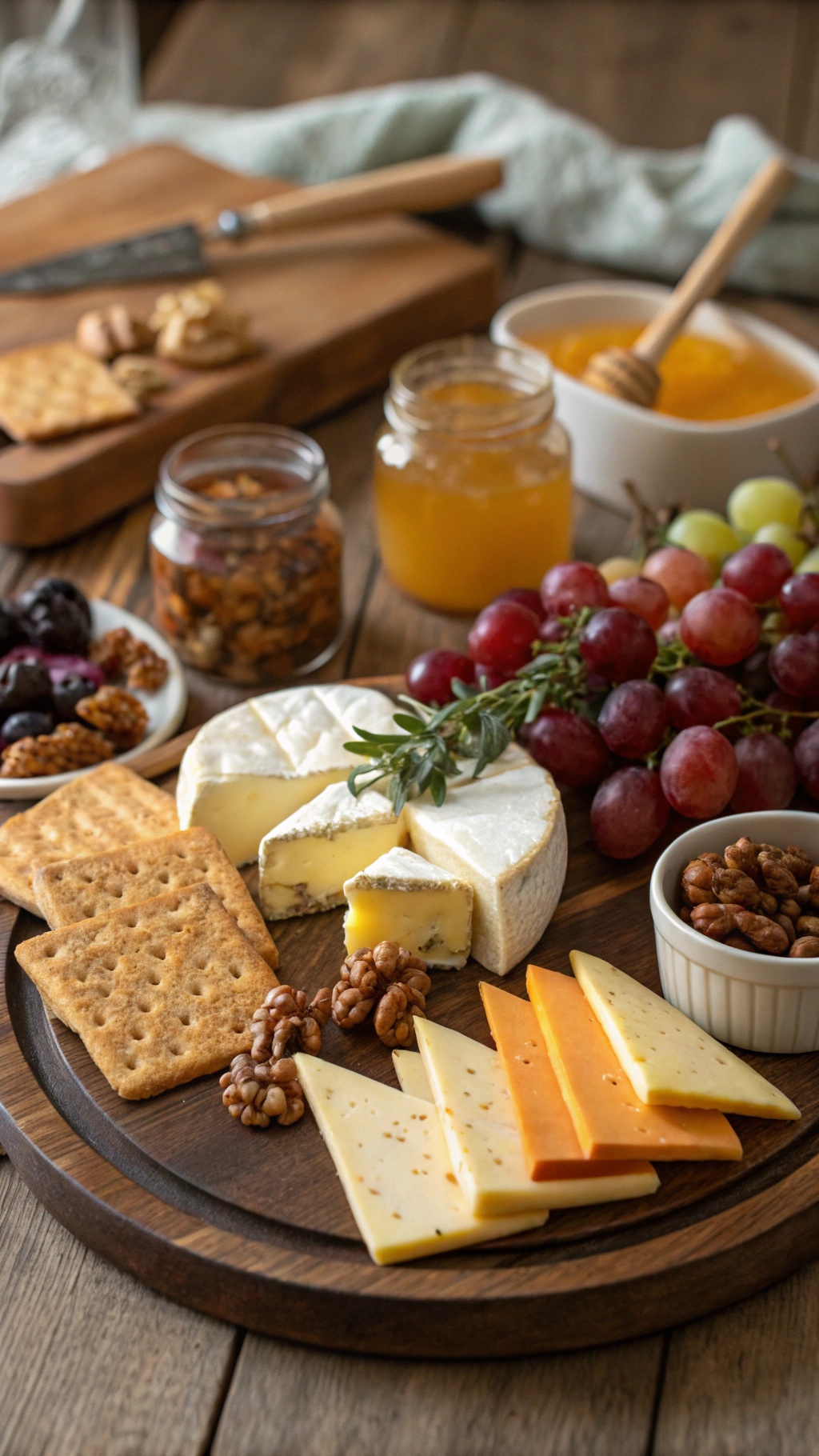 A beautifully arranged cheese board with brie, cheddar, blue cheese, crackers, grapes, honey, and nuts.