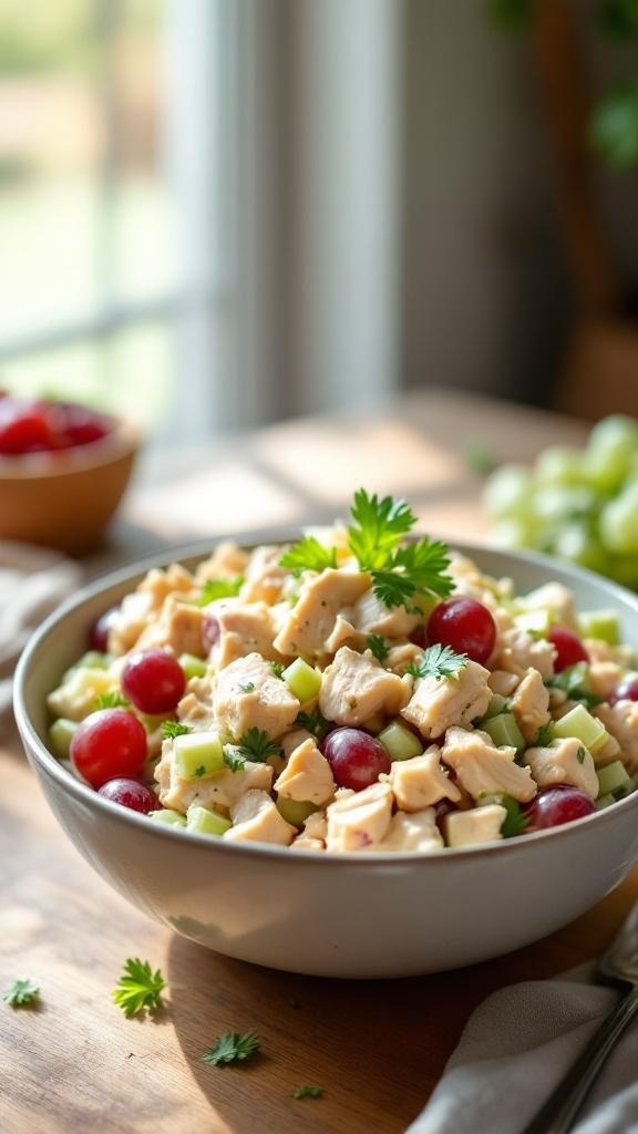 A bowl of classic chicken salad with chicken, celery, grapes, and parsley.