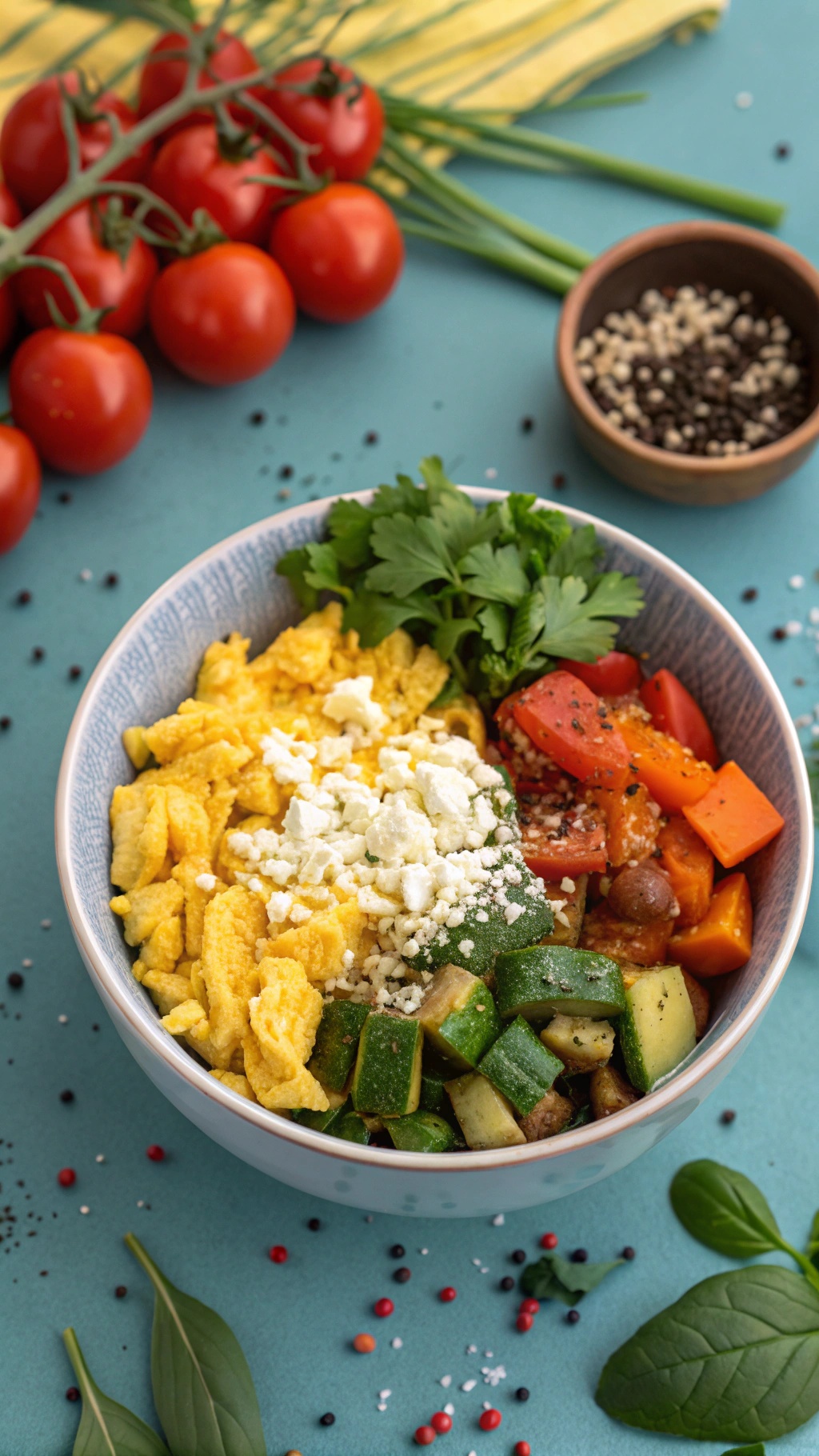 A colorful egg and veggie breakfast bowl with scrambled eggs, diced zucchini, bell peppers, cherry tomatoes, and feta cheese.