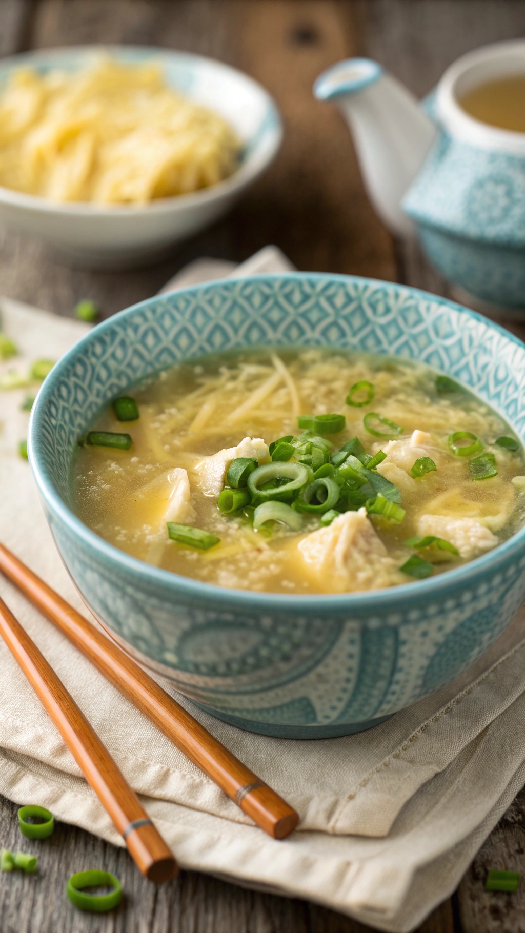 A bowl of egg drop soup garnished with green onions, with chopsticks beside it.