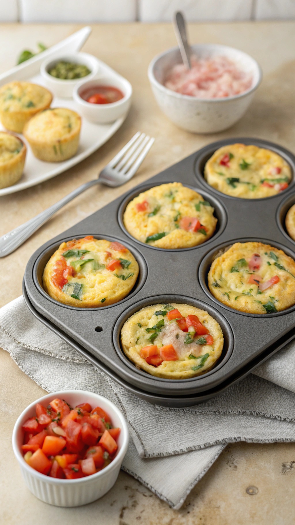 A muffin tin filled with colorful egg muffins and a side of fresh salsa.