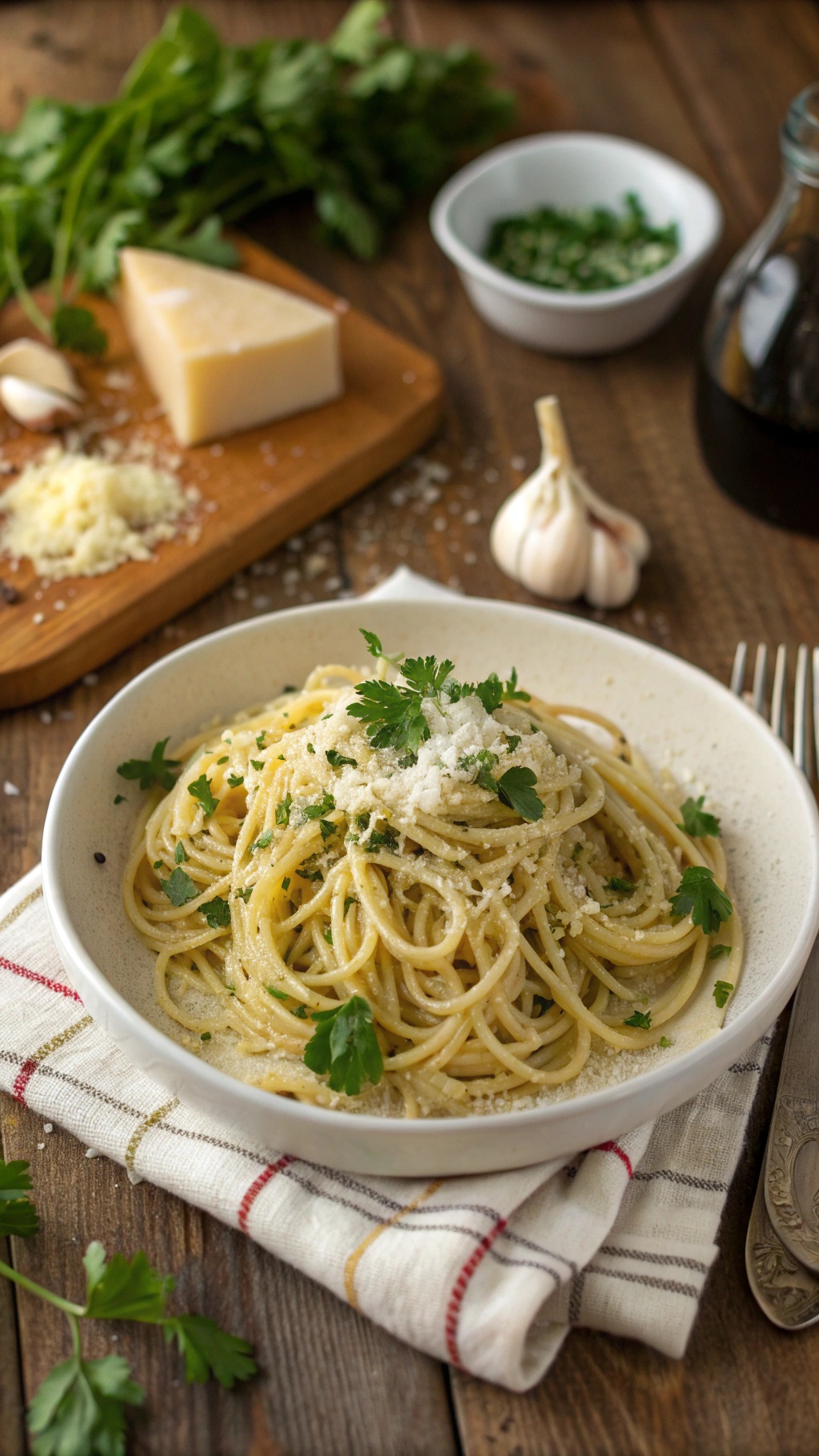 A bowl of gluten-free spaghetti with garlic butter, topped with parsley and cheese, on a rustic wooden table.