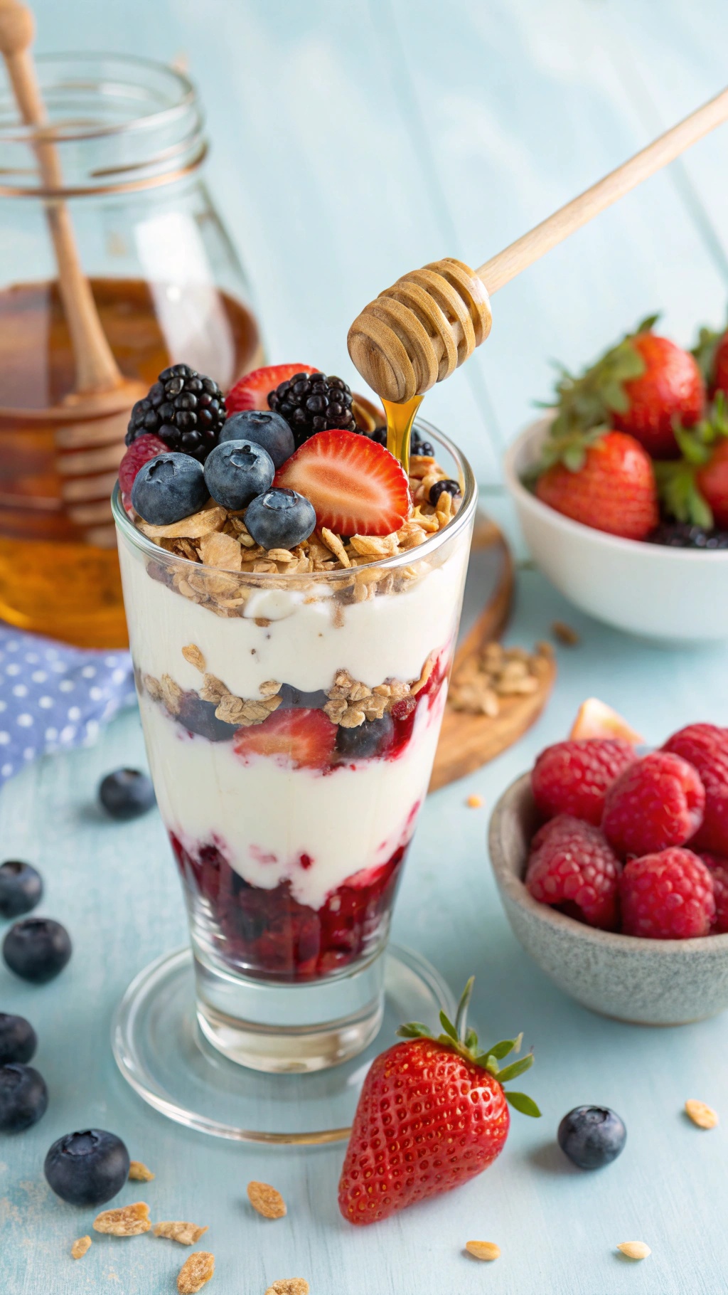 A delicious Greek yogurt parfait with berries and granola, drizzled with honey.