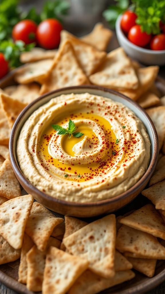 A bowl of hummus topped with olive oil and paprika, surrounded by crispy pita chips.
