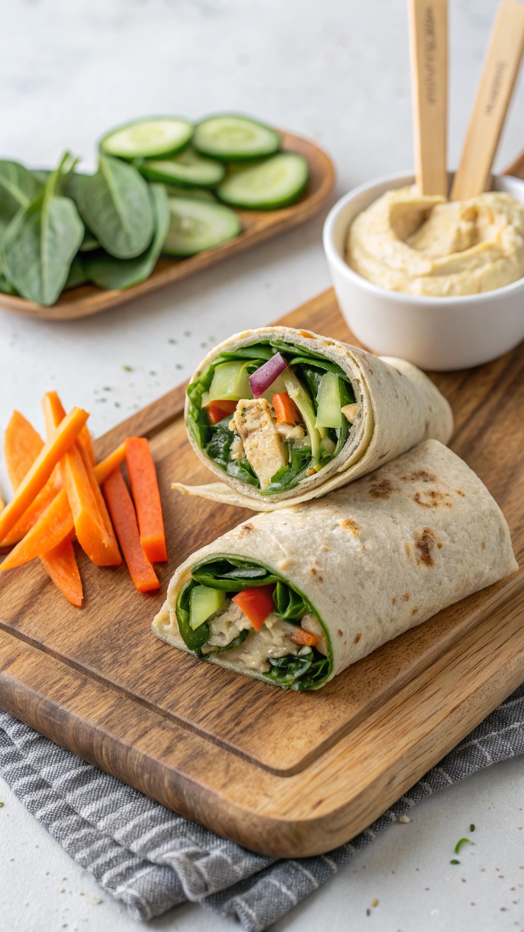 Hummus wraps with fresh vegetables and carrot sticks on a wooden board.
