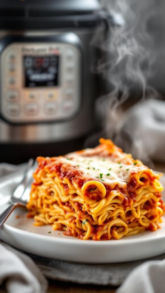 A slice of Instant Pot lasagna on a plate, with steam rising, next to an Instant Pot.