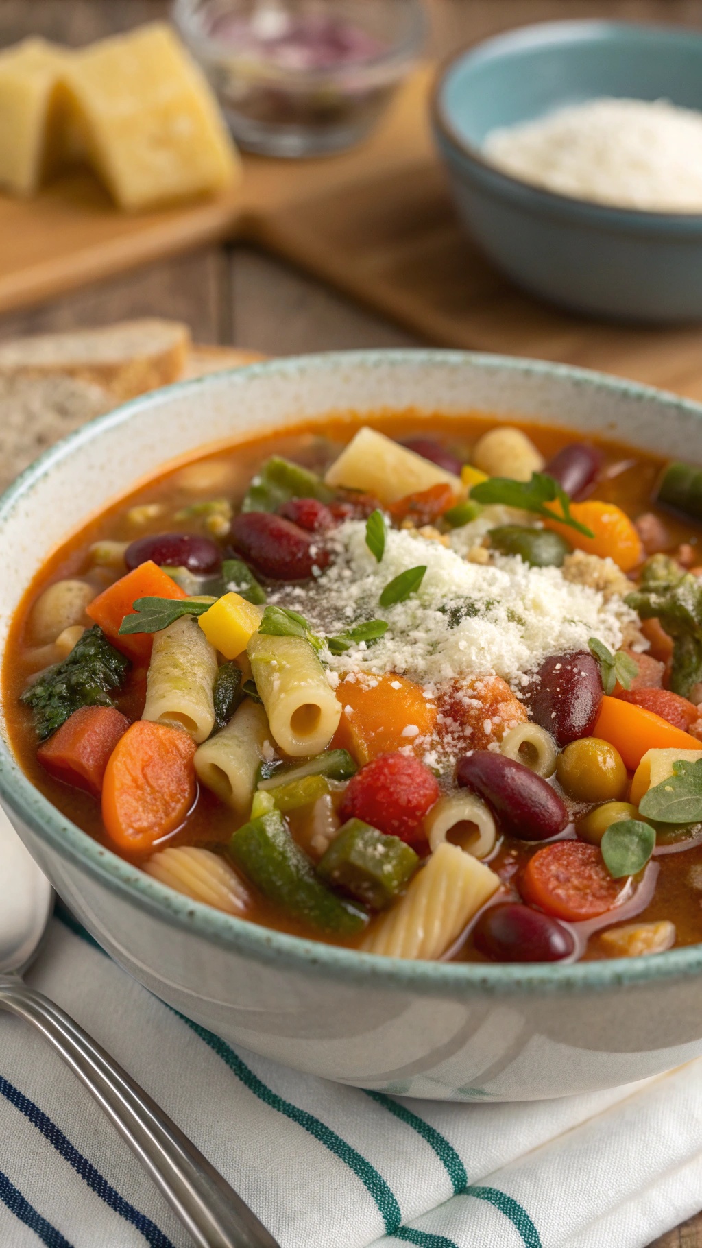 A bowl of colorful minestrone soup filled with vegetables and pasta, topped with cheese and herbs.