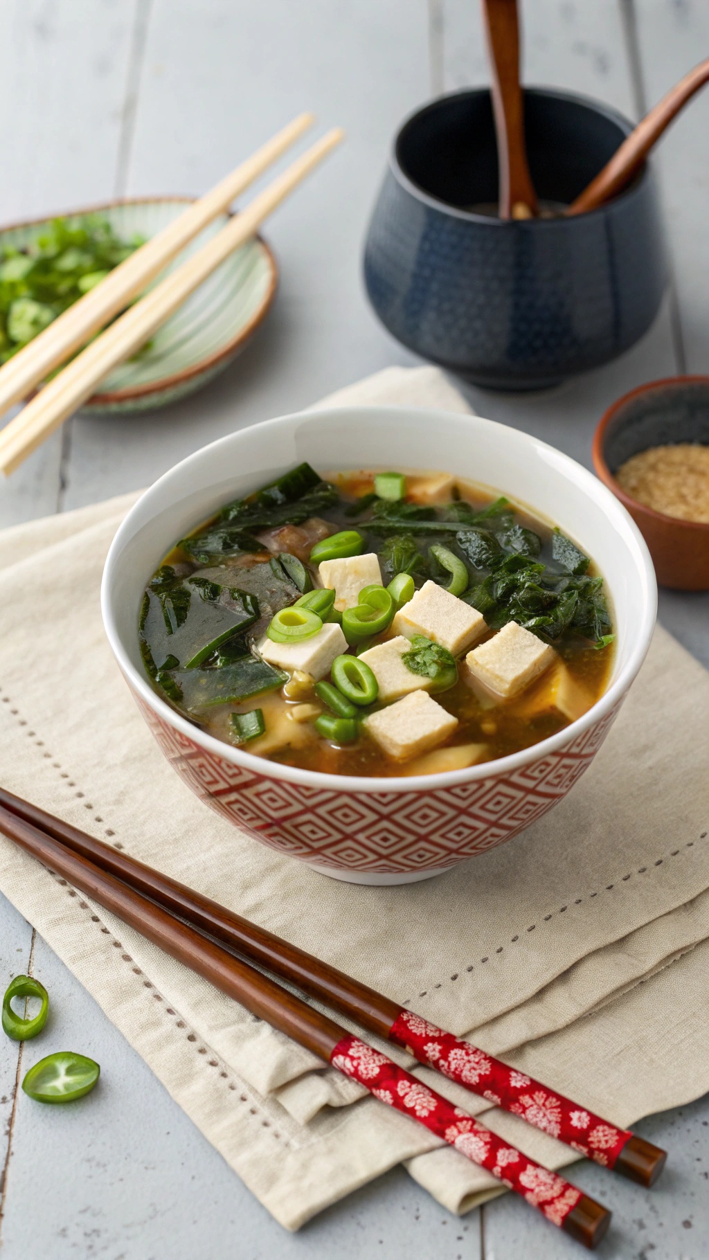A bowl of miso soup with tofu and green onions, chopsticks beside it.
