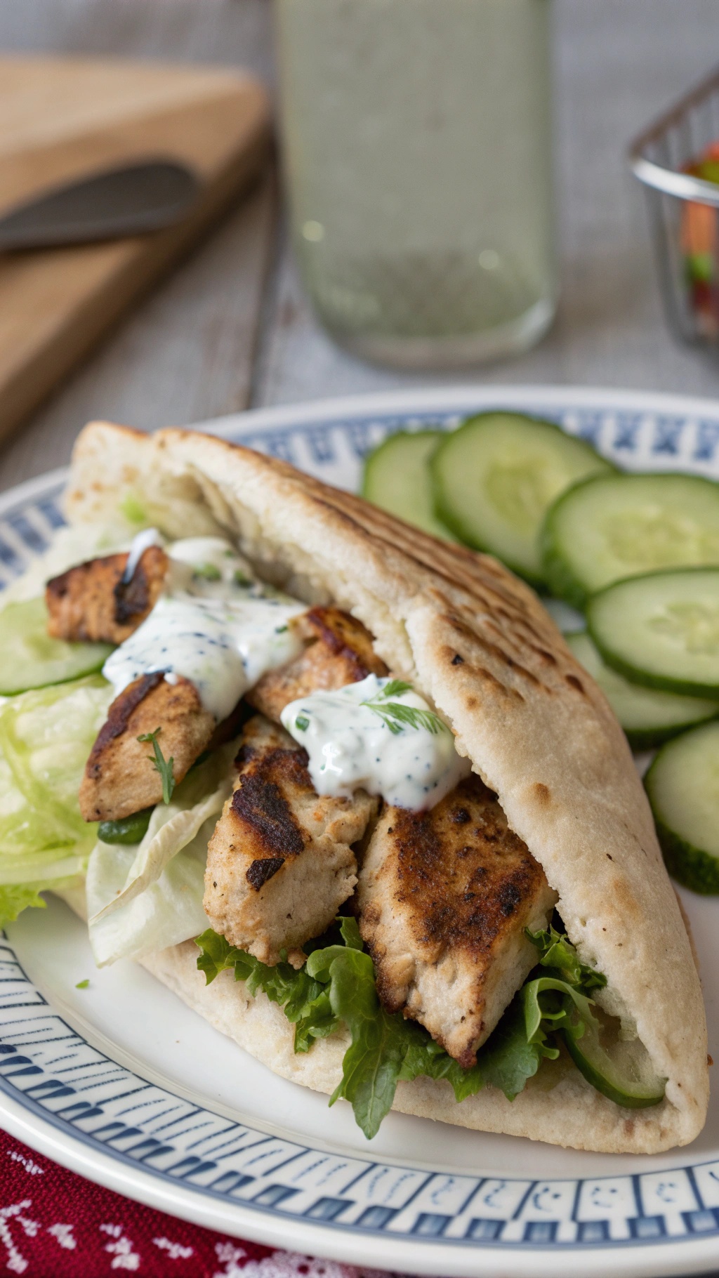 A plate with pita pockets filled with grilled chicken, lettuce, and yogurt sauce, accompanied by cucumber slices.
