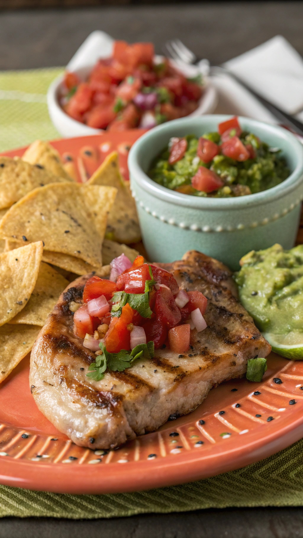 Grilled pork chops topped with salsa, served with tortilla chips and guacamole.