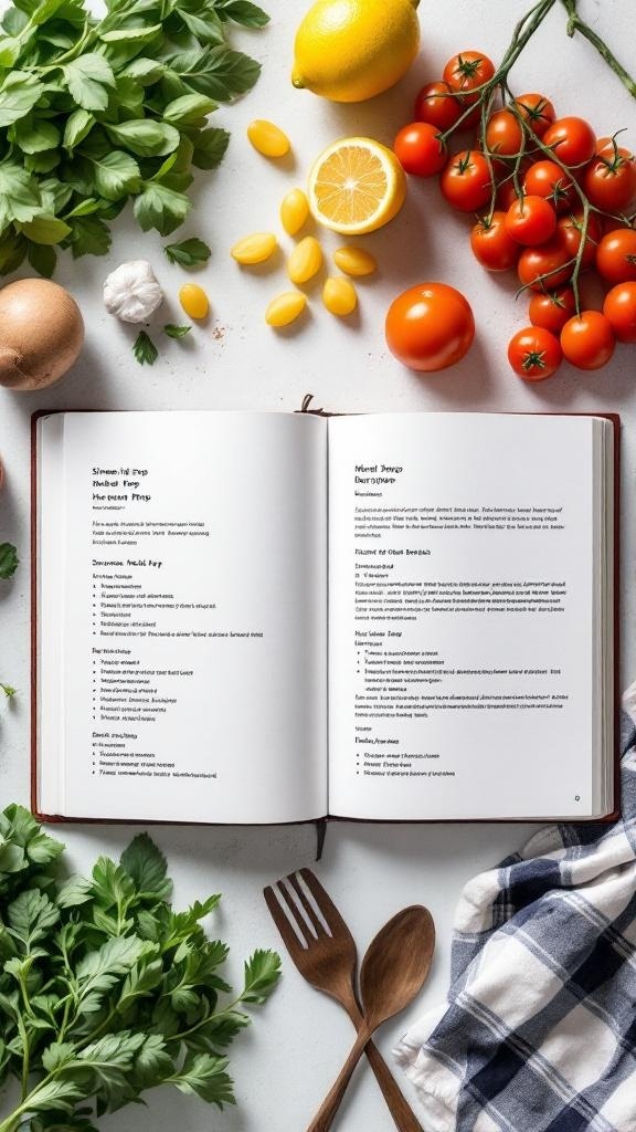A recipe book opened to meal prep recipes, surrounded by fresh ingredients like tomatoes, garlic, lemon, and herbs.