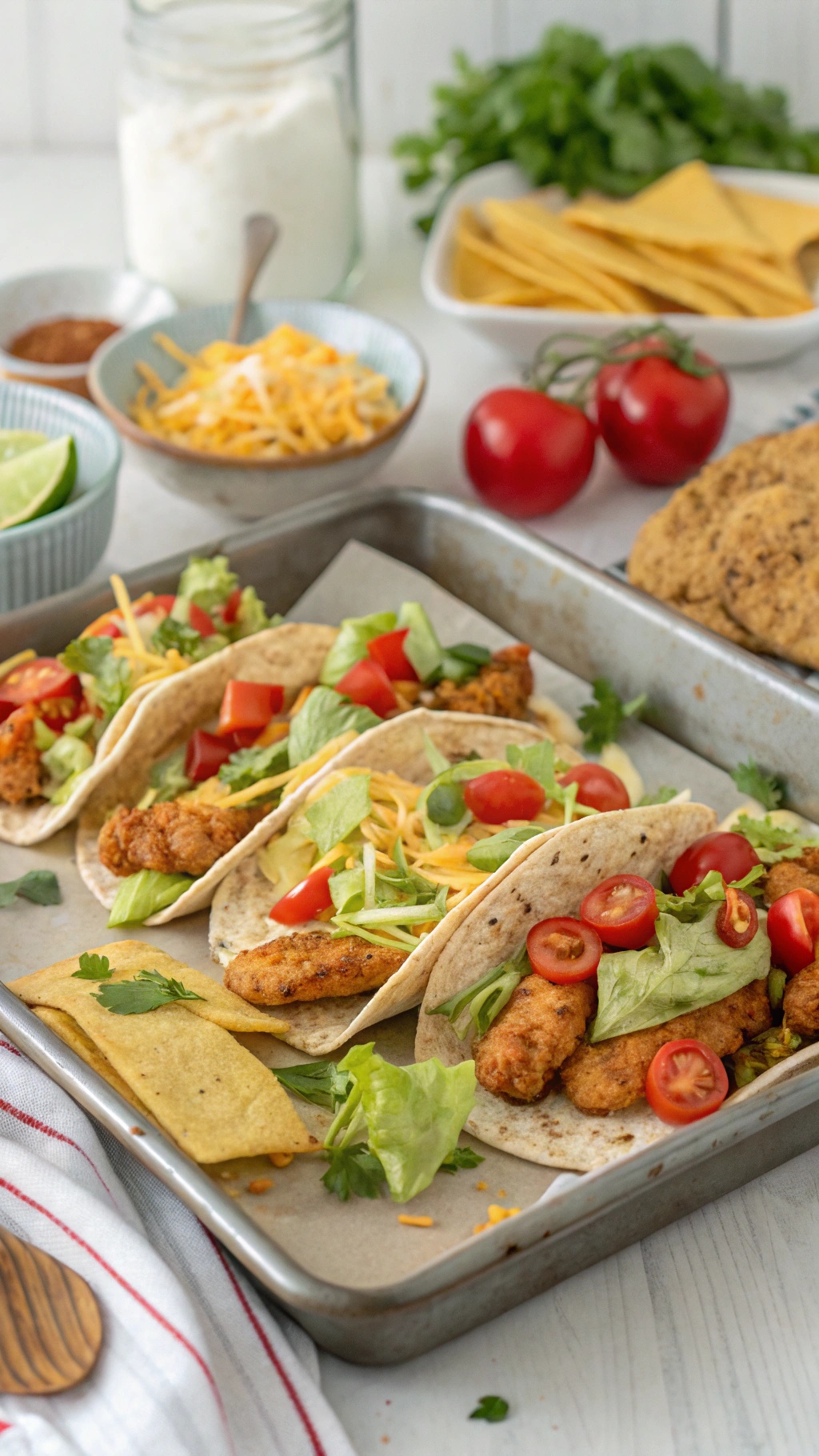 Sheet pan taco chicken with tortillas, lettuce, tomatoes, and cheese