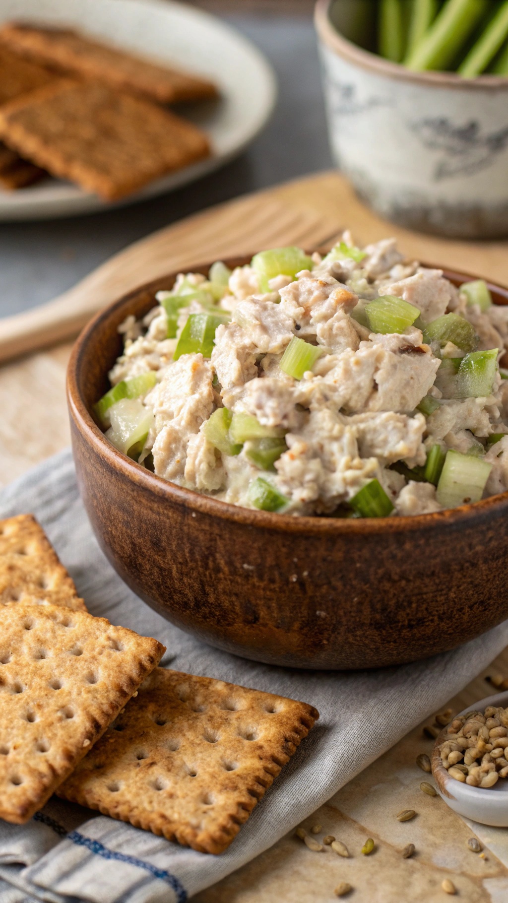 A bowl of tuna salad with celery pieces, served with crackers on the side.