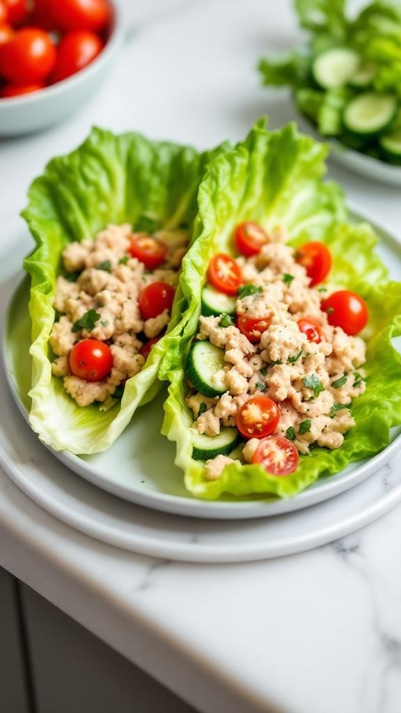 Tuna salad lettuce wraps with cherry tomatoes and cucumbers on a plate