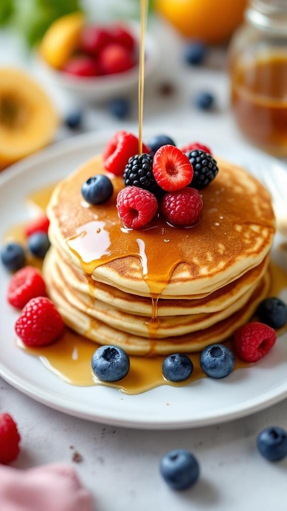 A stack of fluffy vegan pancakes topped with fresh berries and syrup.