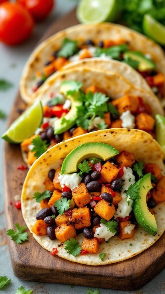 Delicious veggie tacos with sweet potatoes, black beans, and fresh toppings