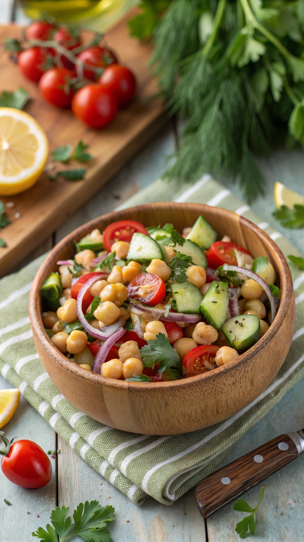 A colorful chickpea salad with tomatoes, cucumbers, and herbs in a wooden bowl.