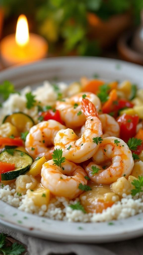 A plate of creamy garlic shrimp with colorful vegetables, garnished with parsley.