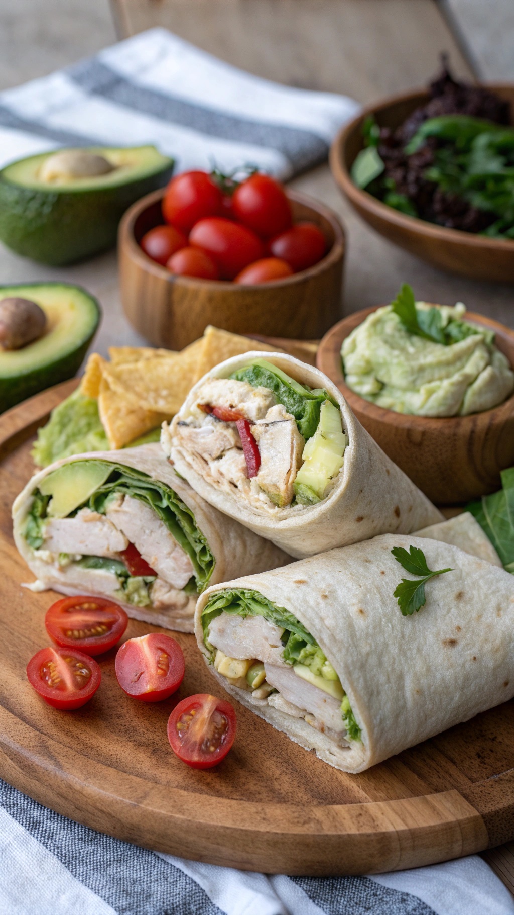 Delicious chicken and avocado wraps with cherry tomatoes and guacamole