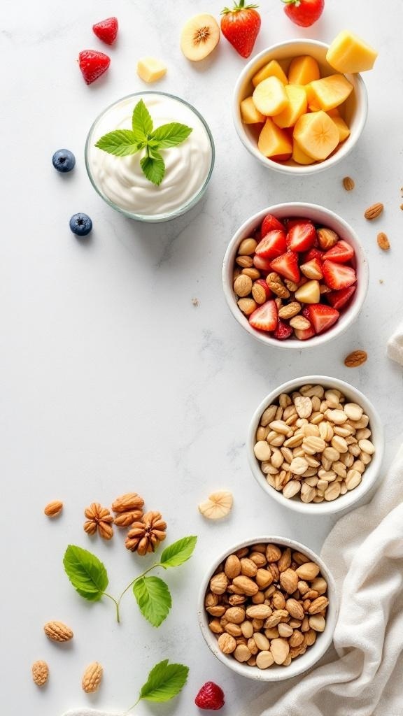 A variety of healthy snacks including yogurt, fresh fruits, and mixed nuts on a white surface.
